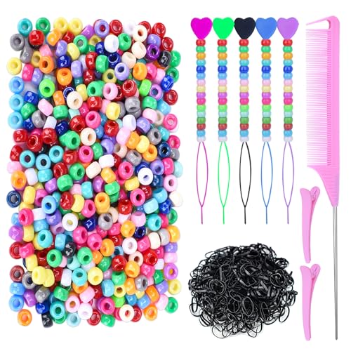 Ningrou 1008 Pcs Hair Beads Kit for Girls and Kids Hair Braids, 500Pcs 9x6mm Pony Beads, 500Pcs Mini Elastic Rubber Bands, 5Pcs Quick Beaders, 1Pcs Rattail Comb and 2Pcs Duckbill Clips