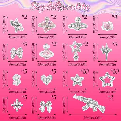 BELICEY 66Pcs 3D Nail Charms Silver Bow Star Planet Charms for Nails Alloy Gun Heart Dollar Charms and Gems Pink Crystal Rhinestones Y2k Nail Jewels Accessories for Nail Art Supplies Crafts Design