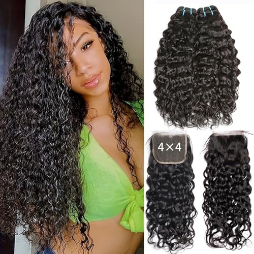 Wet and Wavy Human Hair Bundles Water Wave Bundles with Closure Human Hair-16 18 20+16inch 10A Raw Brazilian Virgin Hair and Free Part Lace Closure Natural Black