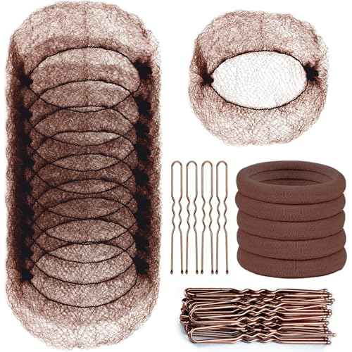 TsMADDTs Hair Nets and U Shaped Pins Set - 30 Hair Nets, 30 2.4 INCH Hair Pins, 5 Hair Bands, Brown
