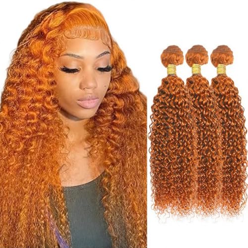 #350 Ginger Orange Jerry Curly Human Hair Bundles 3 Bundles Kinky Curly Hair Brazilian Virgin Human Hair Extensions Unprocessed Hair Bundles for Women 24 26 28 Inch