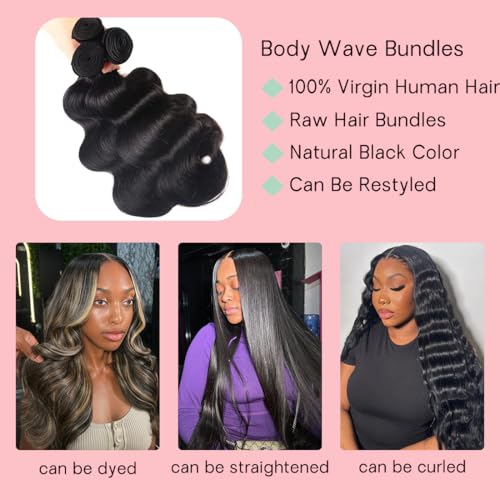 Human Hair Bundles 20 22 24 Inch Body Wave Bundles Human Hair 100% Unprocessed Brazilian Virgin Hair 3 Bundles Human Hair Body Wave Hair Bundles Hair Extensions Natural Black Color