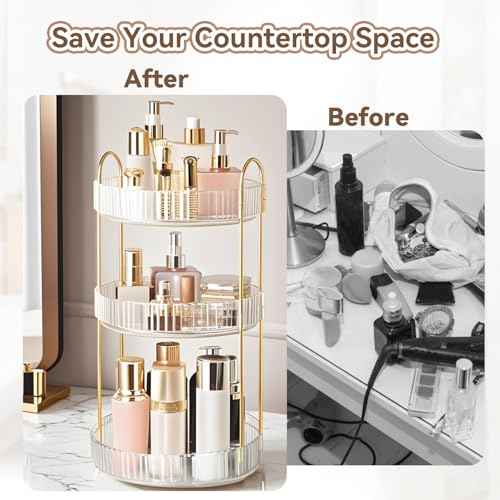 360¡Æ Rotating Makeup Organizer for Vanity, 3 Tier Perfume Organizers Skincare Organizers and Storage for Bathroom Countertop, Spinning Cosmetic Organizer for Bedroom Dresser Counter, Clear