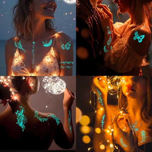 Luminous flower Butterfly Temporary Tattoos For Women Girls,9 Sheets Sexy Lace Fake Necklace Glow In The Dark Tattoo Wings Waterproof Face Body Arm Tattoo, Night Glitter Party Supply