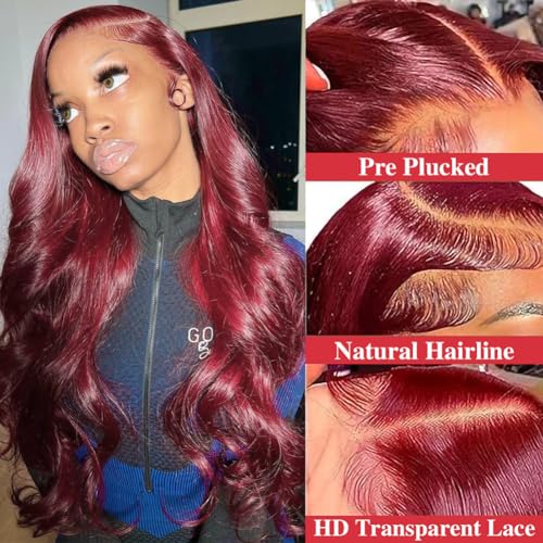 ABALON 99j Burgundy Body Wave Lace Front Wigs Human Hair Wine Red 13x4 HD Lace Frontal Wigs Human Hair Pre Plucked 200% Density Glueless Wigs for Women 20 Inch