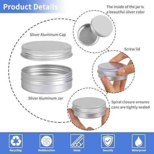 Moretoes 60 Pack Tins, 2Oz Metal Round Tins, Aluminum Tin Cans Containers with Screw Lid for Lotion Bars, Balms, Salve, Spices or Beard Balm