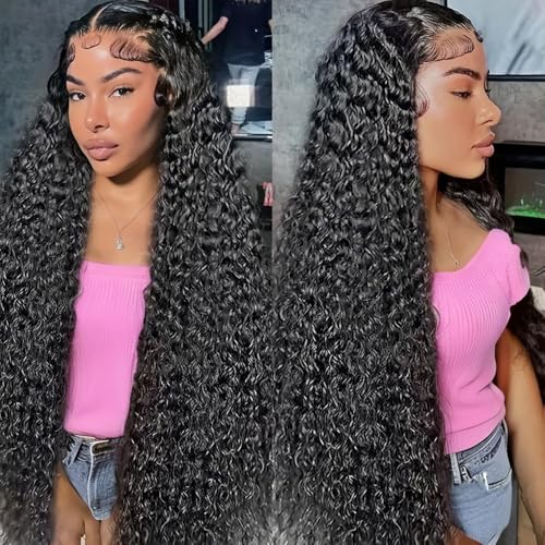 13x6 Deep Wave Lace Front Wigs Human Hair 200% Density HD Lace Frontal Wigs 12A Glueless Curly Wigs Human Hair Pre Plucked with Baby Hair Wet And Wavy Wigs for Black Women Natural Black 22 inch