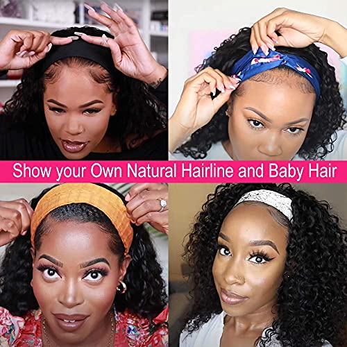 10 Inch Curly Headband Wig Human Hair Natural Color Glueless Headband Wigs for Women None Lace Front Wigs With Headband Attached Human Hair Wigs