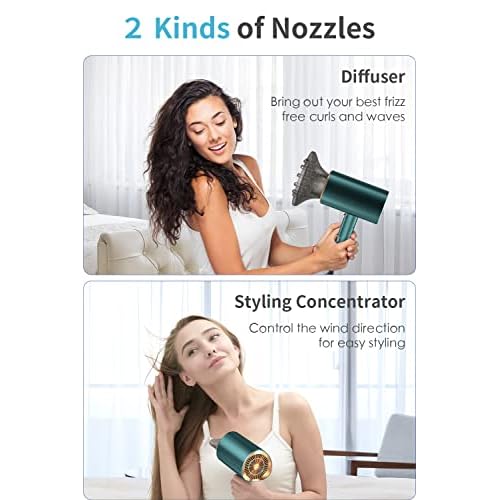 Professional Ionic Hair Dryer Blow Dryer with Diffuser and Concentrator for Curly Hair,Foldable Handle Travel Hair Dryer,Constant Temperature Hair Care (Vintage Green)
