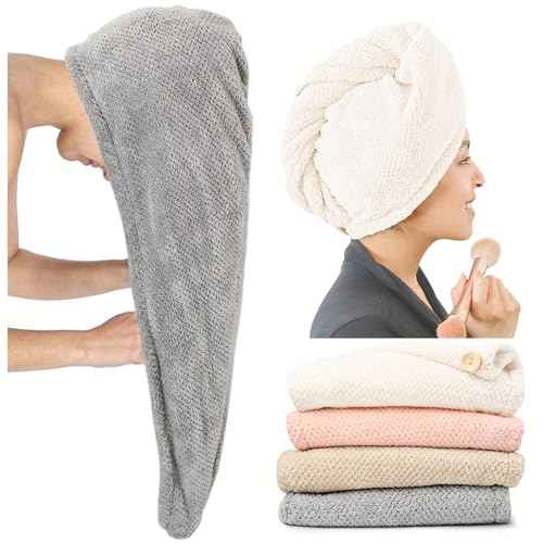 Extra Large 4 Pack Microfiber Hair Towel Wrap for Women Super Absorbent & Quick Dry Hair Drying Towels with Button, Hair Turbans for Curly Hair Long & Short Hair - Anti-Frizz