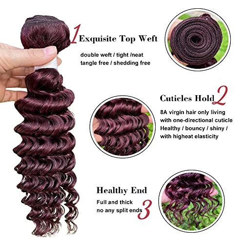 REMY HAIR Deep Wave Hair Weaves 99j Red Wine Color Deep Curly Unprocessed Virgin Human Hair Extensions Burgundy Deep Wave Brazilian Hair 1 Bundles 24 Inch
