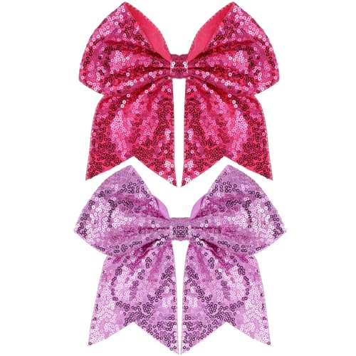 Large Big 7 Inch Glitter Bow Clip Sequin Bling Party Hair Accessories for Women Teens Girls Kids 2 Pcs (HotPink, LightPurple)