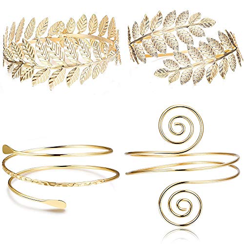 FUNRUN JEWELRY 4PCS Greek Goddess Headband Arm Cuff Bridal Jewelry Set Roman Laurel Leaf Branch Crown Armlet Upper Arm Band Bracelet for Women Party