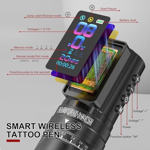 Wormhole Tattoo Gun Kit Wireless Tattoo Machine Kit ? 7 Adjustable Stroke, Dual 2300mAh Batteries, Smart Display with Timing Function, 3 Modes (Normal/Jump-Start/Dot Work), for Lining & Shading