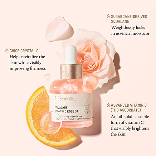 BIOSSANCE Squalane + Vitamin C Rose Advanced Facial Oil - Brightening, Firming, and Hydrating Serum for All Skin Types - Chios Crystal Oil, Damascus Rose Extract & Squalane for Radiance