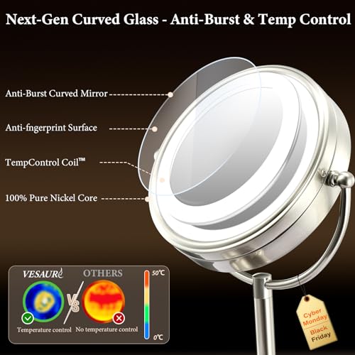 VESAUR 9.1" Large 5000mAh Rechargeable Lighted Makeup Mirror Nickel, 1X/10X/20X HD Magnifying with Compact Suction Mirror, 3 Color Dimmable Light, 360¡ÆSwivel Seamless Vanity Mirror, Gift Box