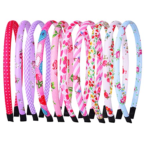 Fishdown 10 Pcs Plain Fabric Headbands for Girls Thin Hair bands for Kids Toddler Plastic Headband with Cloth Headband Covered with Printed Cotton Fabric for Teen Girls Women