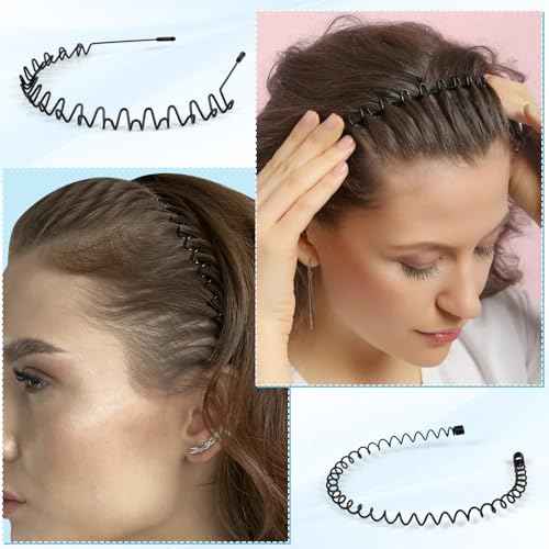 fenshine 6PCS Metal Hair Bands, Spring Wavy Hoop Unisex Black Headband Slicked Back Non Slip Sports Hairband for Women Men¡¦