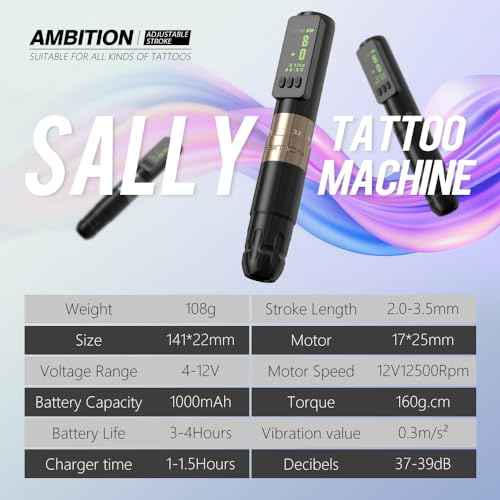 Ambition Sally Wireless Permanent Makeup Machine with 5 Strokes Length 2.0mm-3.5mm Rotary Tattoo Gun Cartridge Pen with 1000mAh LED Digital Display Coreless Motor For Eyebrow Eyeliner Lips SMP