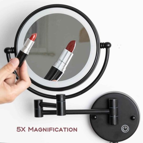 RECKODOR Hard Wired Make up Mirror Magnifying Lighted Black Wall Mounted, 8" 1X/5X Double-Sided 360 Swivel Extendable Arm Bathroom Makeup Mirror Wall Mount, Touch Dimmable, Matt Black