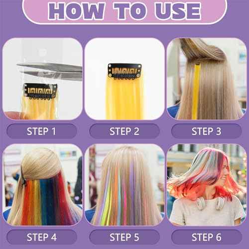 12 PCS Colored Clip in Hair Extensions - BEAHOT 20 Inches Rainbow Long Straight Hairpieces Clip in Synthetic, Halloween Cosplay Dress Up Fashion Party Christmas New Year Gift for Women Kids Girls