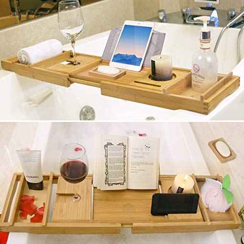 Bamboo Bathtub Caddy Tray Expandable for Luxury Bath, Bath Accessories & Table with Wine Glass Holder, Book Stand Bathroom Organizer with Extending Sides for Men/Women,Natural