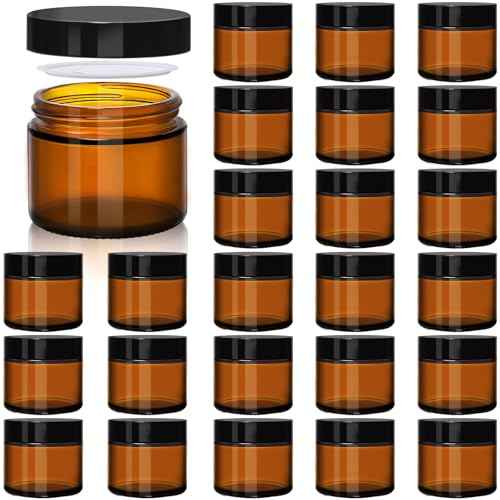 Amber 2oz Glass Jars with Lids - 24 Pack Brown Small Cosmetic Containers with Inner Liners, Wide-Round Smooth Mouth, Sealable for Creams, Lotions, Essential Oils, Body Butter, Travel Samples