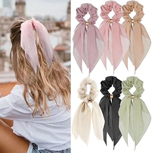 6 Pcs Scrunchies and Hair Accessories: Chiffon Floral Bowknot Ponytail Holders, Soft Elastic Hair Ribbons and Bunny Ear Ties for Women and Girls