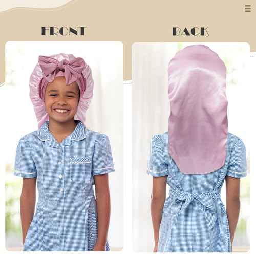 Kids Long Hair Bonnet for Sleeping - Double Layer Girls Elastic Satin Bonnet with Tie Band for Braid Curly Hair (Rose Gold+Pink)