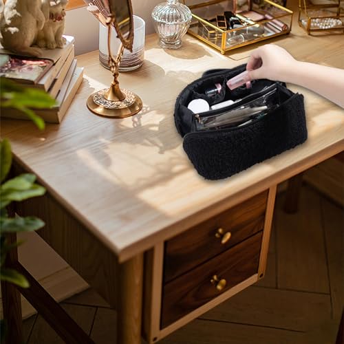 Makeup Bag - Large Capacity Travel Cosmetic Bag, Travel Toiletry Bag Cute Plush Makeup Pouch with Handle and Divider Flat Lay Portable Makeup Case Organizer for Women (Black)
