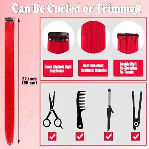 12 PCS Red Hair Extensions Clip in, 22 Inch Colored Hair Extensions Party Highlights Long Straight Synthetic Hairpieces for Women Kids Girls Cosplay