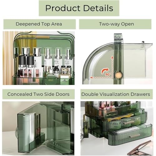 Makeup Organizer, Waterproof & Dustproof Cosmetic Display Cases with 2-Layer and Transparent Cover, Skincare Display Boxes,Makeup Caddy Holder for Vanity Countertop, Bathroom, Dresser, Bedroom, Green
