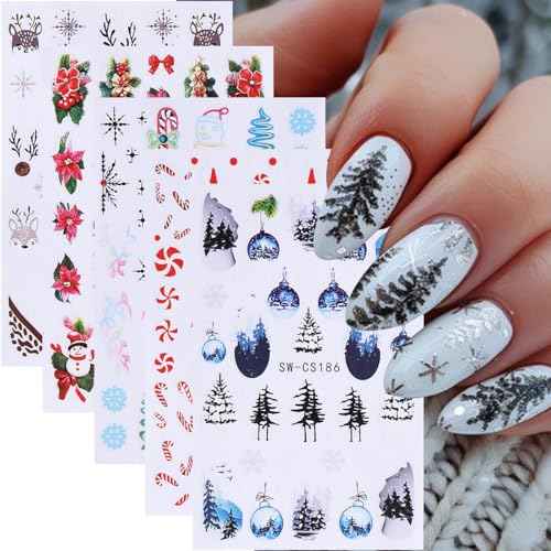 5 Sheets Christmas Nail Stickers for Nail Art - SHANRUN 3D Xmas Nail Art Stickers Self Adhesive Candy Cane Tree Flowers Light Strip Design Winter Nail Decals Supplies for Nail DIY Holiday Decoration