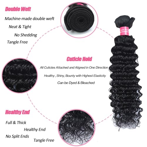 Deep Wave Bundles Human Hair With Closure 14 16 18 with14 inch 10A Unprocessed Brazilian Deep Curly Bundles Human Hair With 4x4 Lace Closure Natural Color Wet and Wavy Bundles