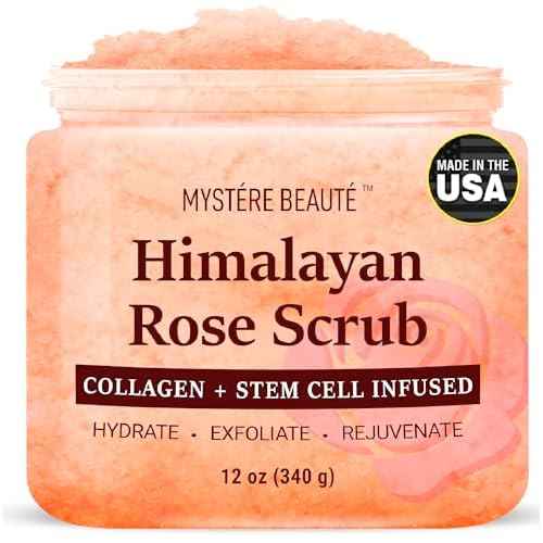 Himalayan Salt Body Scrub 12 oz - with Collagen and Stem Cells - Exfoliating Salt Scrub for Cellulite - Deep Cleansing for Acne, Scars, Wrinkles - Moisturizes Skin