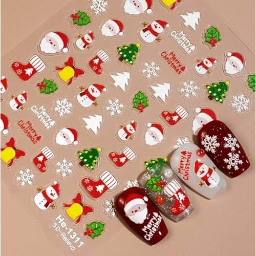 4Sheet Christmas Nail Sticker 5D Embossed Xmas Nail Art Decals Santa Claus Christmas Tree Elk Snowflake Snowman Design Winter Nail Art Sticker for Women DIY Manicure Decorations