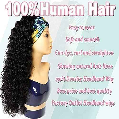Punmasa Human Hair Deep Wave 24 Inch Curly Headband Wig for Black Women