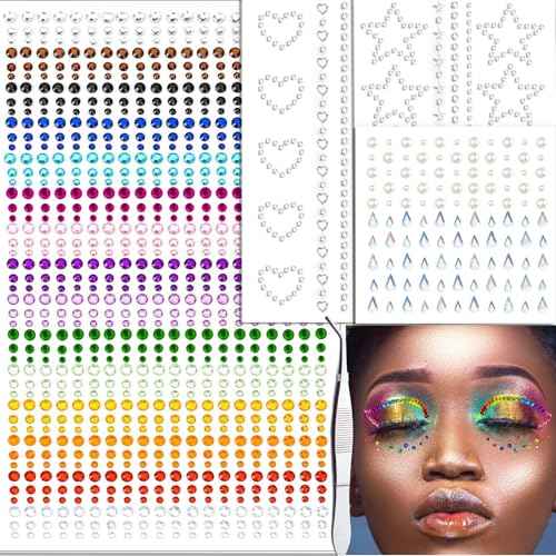 1038 Pcs of Hair Face Gems Rhinestones Pearls Stick on 15 Colors Hearts Star Gems Stickers Self Adhesive Face Hair Jewels, Stick on Rhinestones Pearls Stickers for Hair, Face, Festival Makeup, Crafts