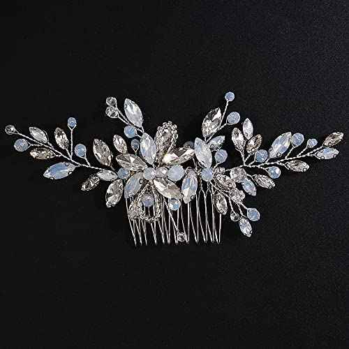 Teyglen Dainty Crystal Bridal Wedding Hair Comb Sparkly Silver Opal Rhinestone Hair Pieces Hair Accessories Bridal Side Comb Headpieces for Women Bride Girls