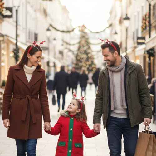 Glitter Red Reindeer Antlers Headband with Pom Poms, Christmas Hair Accessory for Women Girls Teens, Xmas Party Costume with Santa & Tree