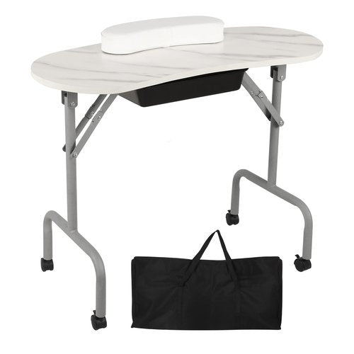 AGESISI Portable Manicure Table Foldable Nail Desk with Large Drawer Nail Tech Table for Technician Salon Workstation Client Wrist Cushion/Carry Bag/4 Lockable Wheels, 36-inch, White Marble