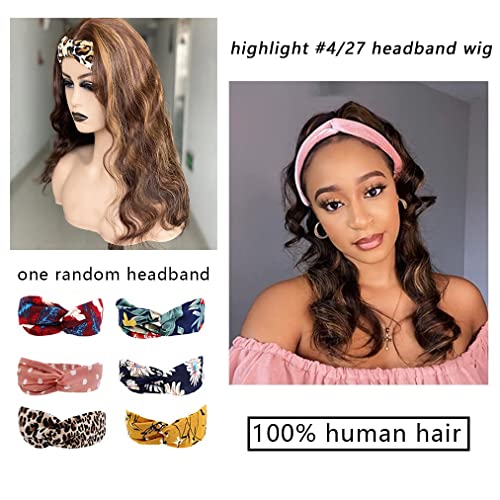 Ombre Headband Wig Human Hair #4/27 Highlight Body Wave Headband Wig 22 Inch Glueless None Lace Front Wig Brazilian Virgin Human Hair Wigs for Black Women Wear and Go Wig 150% Density