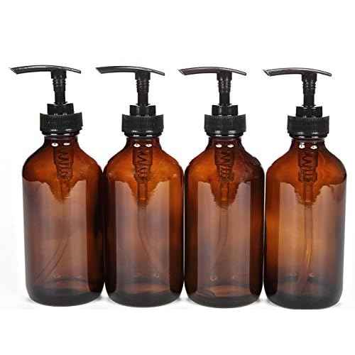 Vivaplex, 4, Large, 8 oz, Empty, Amber Glass Bottles with Black Lotion Pumps