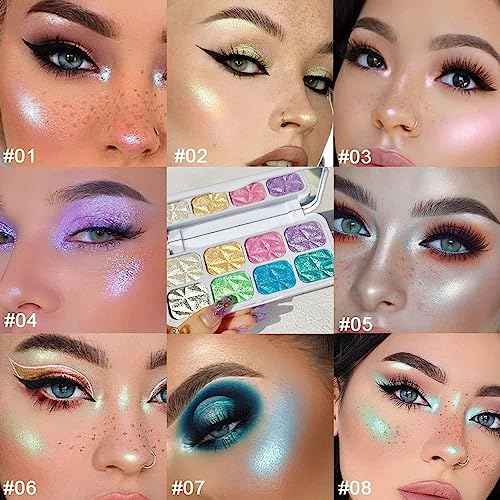 8-Color Highlighter & Contour Palette - Shimmer, Glitter, Iridescent Multichrome Holographic Eyeshadow for Face & Cheek, Purple Rainbow Highlight Makeup