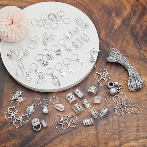 Fscwlmon 309Pcs Hair Jewelry for Women Braids,Hair Loc Cuff Coils Rings for Dreadlock Accessories,Locs Hair Tube Beads Decorations,Braid Clips Hair Charms Braids Accessories Silvery