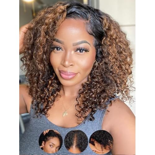 KLAIYI Ombre Brown Curly V Part Human Hair Upgrade U Part Wig with Dark Roots Glueless Highlight Balayage Clip in Half Wig No Glue No Lace No Leave Out 3S Ready to Wear and Go Beginner Friendly 14Inch