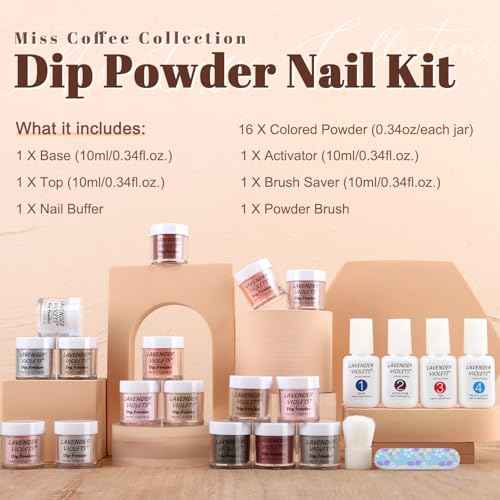 Lavender Violets 22 Pcs Dip Powder Nail Kit Starter - 16 Colors Nude Pinkish Brown Skin Tone with Base Top Coat, Activator, Brush Saver, Nail Buffer and Powder Brush M960B