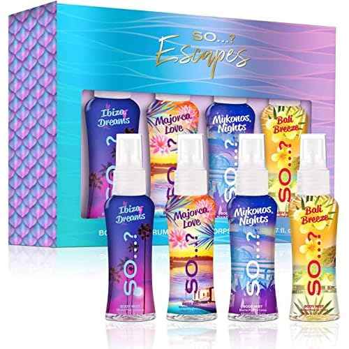 So...? Escapes Body Mist Set - Perfumes for Women - Everyday Body Spray for Women - Vegan, Cruelty Free Fragrances - Travel Size Gift Set - 4 pcs