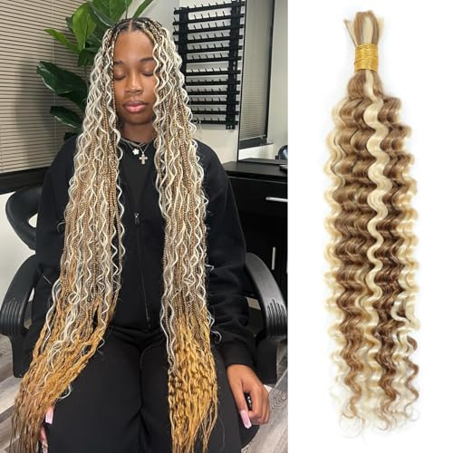 Highlighted Multi-Blonde Braiding Human Hair for Boho Knotless Braids, Ombre 27/613 Curly Braiding Hair Deep Wave Human Hair Bulk, No Weft Blonde Extensions 100G FULL BULK 24 Inch