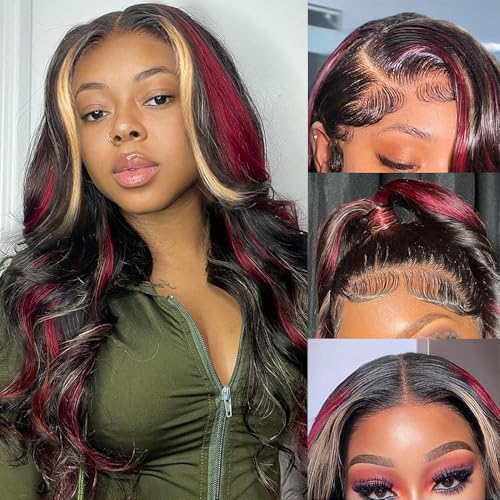 Red Blonde Highlight Wig Human Hair Body Wave Lace Front Wigs Human Hair Pre Plucked 180% Density Blonde Red Highlights 13X4 Transparent Glueless Colored Wig Human Hair for Women 16 Inch